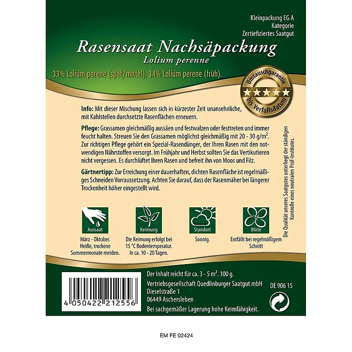 Quedlinburger SAATGUT Rasensamen Rasenmischung - Saatgut ausreichend für: 5 m² - Grüne und goldene Rasensaat-Nachsäpackung mit Anweisungen und einer Umtauschgarantie bis zum Verfallsdatum.