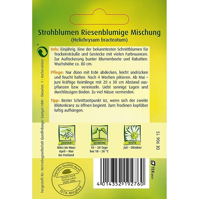Quedlinburger SAATGUT Strohblume Riesenblumige Mischung -  - Samenpäckchen für riesenblumige Strohblumen (Helichrysum bracteatum) mit Pflanzinformationen.