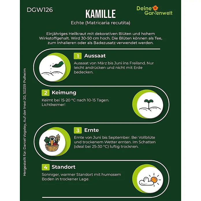 Deine Gartenwelt Kamille -  - Anleitungsgrafik für Kamille: Aussaat, Keimung, Ernte und Standort. Mit Pflanzenbeschreibung und Verwendungshinweisen.