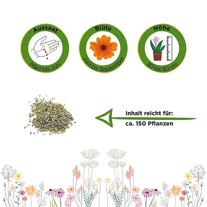 Deine Gartenwelt Kamille -  - Saatgutinformationen: Aussaat (März-Juni), Blüte (Juni-Sept.), Höhe (30-50cm), Inhalt reicht für ca. 150 Pflanzen.