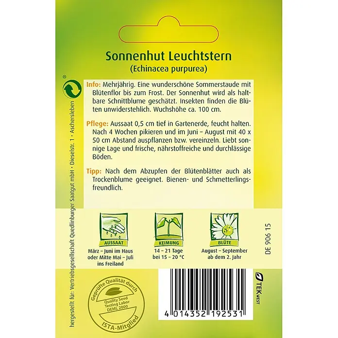 Quedlinburger SAATGUT Blumensamen Sonnenhut - Rudbeckia hirta, Rosa - Samentüte für 'Sonnenhut Leuchtstern' (Echinacea purpurea) mit Pflanzanleitung, Pflegetipps, Blütezeiten, Qualitätssiegel und Barcode.