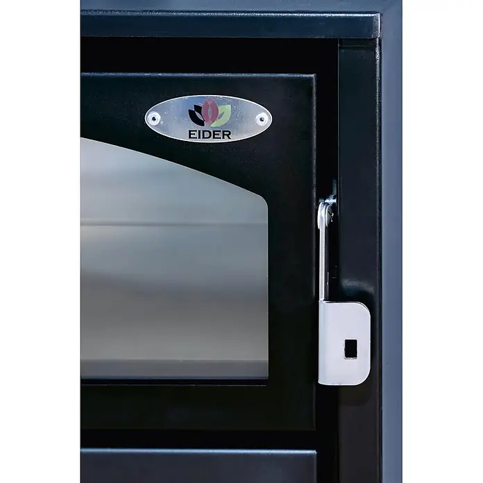 Estufa de leña Aston con horno - 10,2 kW - 13,1 kW, Volumen de calefacción: 225 m³, Negro - Puerta de horno de metal oscuro con ventana de cristal y logo EIDER plateado, con pestillo metálico.