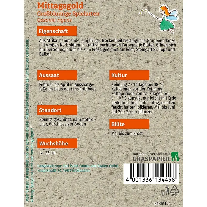 Grüne Fee Blumensamen Mittagsgold - Gazania rigens, Mehrfarbig - Mittagsgold Gazania rigens Samenpäckchen mit Pflanzeninfos auf Graspapier-Verpackung.