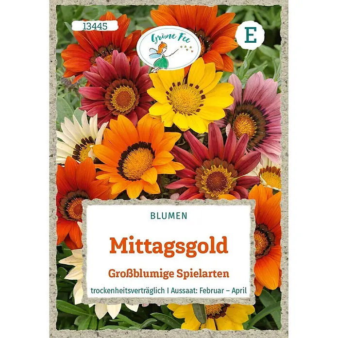 Grüne Fee Blumensamen Mittagsgold - Gazania rigens, Mehrfarbig - Samentüte: 'Mittagsgold' großblumige, trockenheitsverträgliche Gazanien mit bunten Blüten. Aussaat: Feb-Apr.