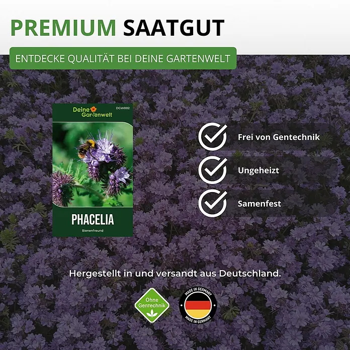 Deine Gartenwelt Phacelia Büschelschön -  - Phacelia-Saatgutpackung mit Biene auf lila Blume, beworben als gentechnikfrei, ungeheizt, samenfest und aus Deutschland.