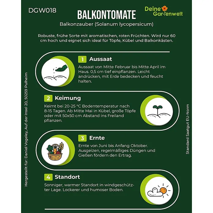 Deine Gartenwelt Balkontomate rot Balkonzauber -  - Produktetikett DGW018 für Balkontomatensamen mit Anbauanleitung: Aussaat, Keimung, Ernte und Standort. Bebilderte Anweisungen.