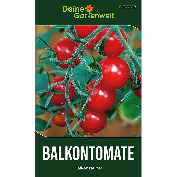Deine Gartenwelt Balkontomate rot Balkonzauber -  - Dunkelgrüne Samenpackung für Balkontomaten mit einem Bild von roten Kirschtomaten am Strauch.