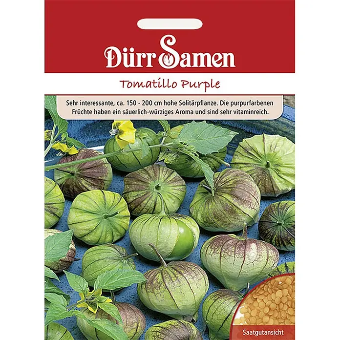 Dürr Samen Gemüsesamen Tomatillo - Physalis ixocarpa, Erntezeit: Sortenabhängig - Samentüte: Dürr Samen Tomatillo Purple mit frischen Tomatillos, Blüten und Samen.
