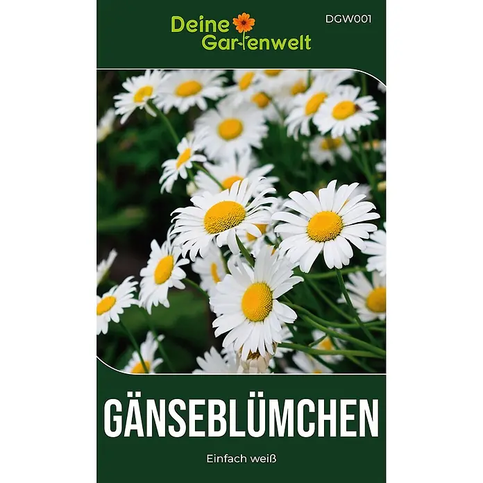 Deine Gartenwelt Blumensamen Gänseblümchen - Bellis perennis, Weiß - Dunkelgrüne Samentüte mit einem Bild weißer Gänseblümchen und dem deutschen Text „Gänseblümchen“.