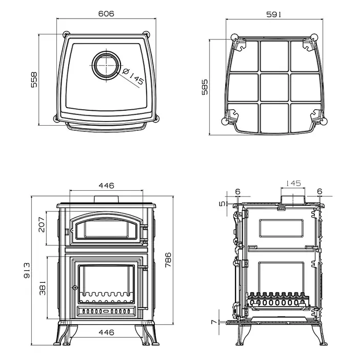 Estufa de leña con horno Antares - 12,7 kW - 16,28 kW, Volumen de calefacción: 305 m³, Antracita - Dibujo técnico de una estufa de leña con dimensiones desde múltiples vistas.