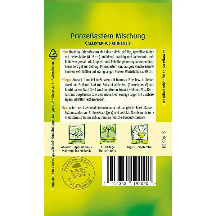 Quedlinburger SAATGUT Prinzeß-Astern Mischung -  - Gelb-grüne Saatguttüte für Prinzeßastern-Mischung mit Anleitung, Illustrationen und Barcode.