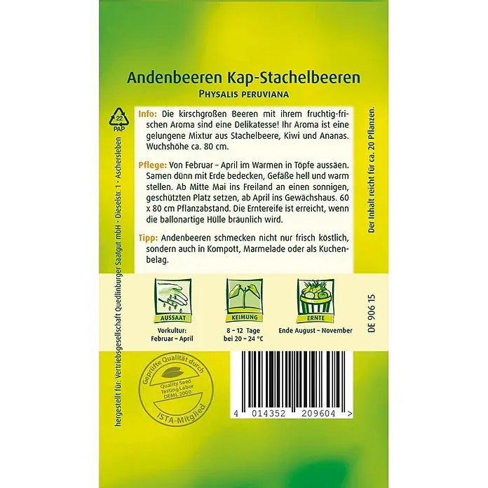 Quedlinburger SAATGUT Obstsamen Physalis - Physalis peruviana edulis, Erntezeit: August - Grüne und gelbe Samentüte für Andenbeeren (Physalis peruviana) mit Anbauinformationen, Illustrationen und Barcode.