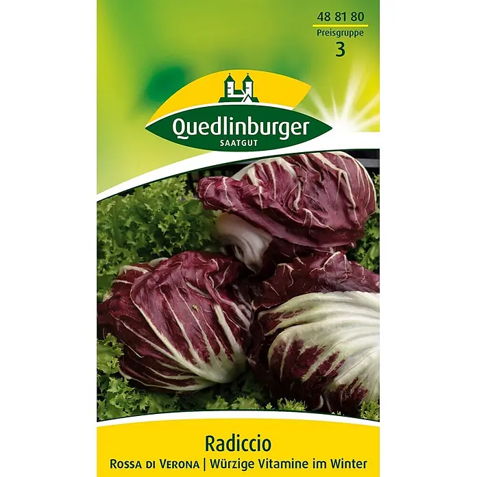Quedlinburger SAATGUT Radicchio Rossa di Verona -  - Quedlinburger Radicchio Rossa di Verona Saatgutpackung mit grün-gelbem Design, Abbildung roter Radicchio-Köpfe und Text.