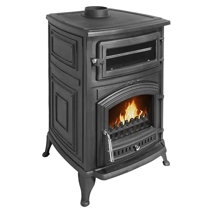 Estufa de leña con horno Antares - 12,7 kW - 16,28 kW, Volumen de calefacción: 305 m³, Antracita - Estufa de leña de hierro fundido oscuro con fuego encendido, ventana superior y conexión de chimenea.
