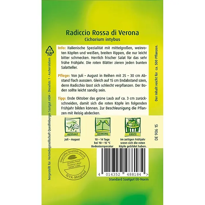Quedlinburger SAATGUT Radicchio Rossa di Verona -  - Radicchio Rossa di Verona Samenpackung mit Anbauanleitung, Aussaat-/Erntesymbolen und Barcode.
