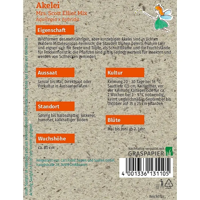 Grüne Fee Akelei Mrs. Scott Elliot Mix -  - Samenpackung Akelei Mrs. Scott Elliot Mix aus Graspapier mit Informationen zur Pflanze.