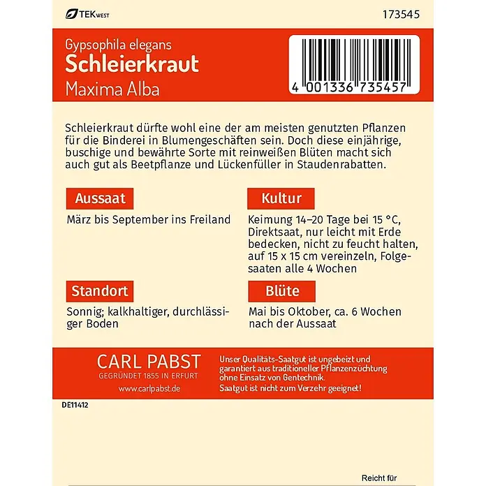 Pabst Keimkraft Blumensamen Schleierkraut - Gypsophila elegans M. Bieb., Weiß - Samentüten-Etikett für Gypsophila elegans 'Maxima Alba', rot-beige, mit Produkt- und Anzuchtanweisungen sowie Barcode.