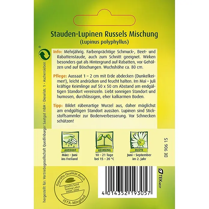 Quedlinburger SAATGUT Blumensamen Lupine - Lupinus polyphyllus, Mehrfarbig - Gelb-grüne Samentüte für Stauden-Lupinen Russels Mischung mit Pflanzanleitung, Symbolen und Barcode.