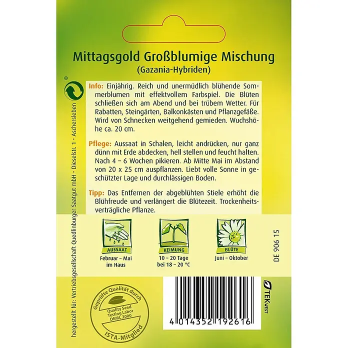 Quedlinburger SAATGUT Blumensamen Mittagsgold - Gazania rigens, Mehrfarbig - Grünes und gelbes Samenpäckchen für 'Mittagsgold Großblumige Mischung' (Gazania-Hybriden) mit Aussaat-, Keim- und Blütezeiten, Pflegetipps und Gütesiegel.