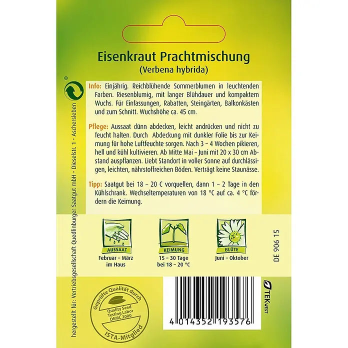 Quedlinburger SAATGUT Eisenkraut -  - Grünes, gelbes Samenpäckchen für Eisenkraut Prachtmischung (Verbena hybrida) mit Pflanzanleitung, Barcode und Gütesiegel.