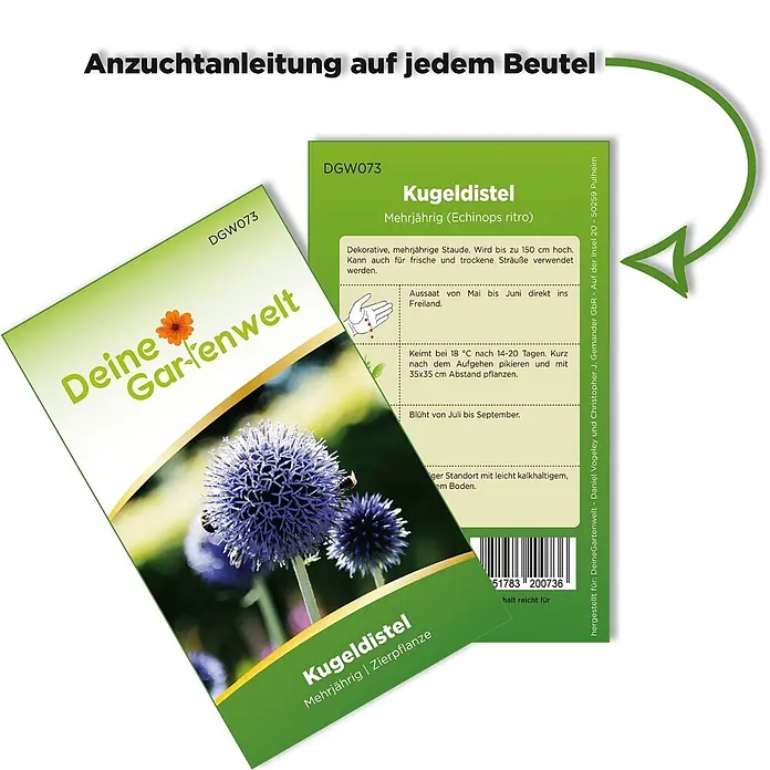 Deine Gartenwelt Kugeldistel -  - Grünes Samenpäckchen für 'Kugeldistel' mit Blumenbild und Anzuchtanleitung.