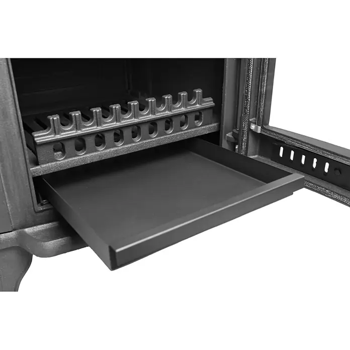 Estufa de leña con horno Antares - 12,7 kW - 16,28 kW, Volumen de calefacción: 305 m³, Antracita - Inserto de chimenea de metal oscuro con cenicero y rejilla extraíbles.