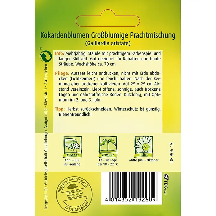 Quedlinburger SAATGUT Kokardenblume Großblumige Mischung -  - Grün-gelbe Samenpackung für großblumige Kokardenblumen (Gaillardia aristata) mit Pflanzeninfos und Barcode.