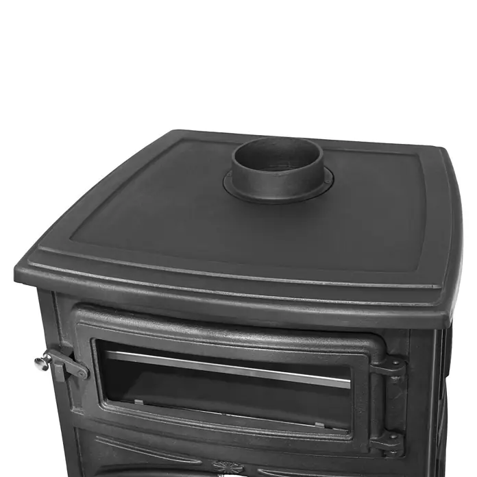 Estufa de leña con horno Antares - 12,7 kW - 16,28 kW, Volumen de calefacción: 305 m³, Antracita - Estufa de leña de hierro fundido negra con salida de humos superior y puerta de cristal.