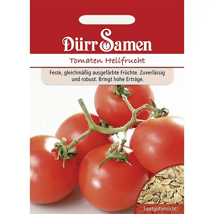 Dürr Samen Gemüsesamen Tomate - Lycopersicon lycopersicum, Erntezeit: Juli - Samenpaket für Dürr Samen Tomaten Hellfrucht mit Abbildung roter Tomaten und einer Nahaufnahme der Samen.