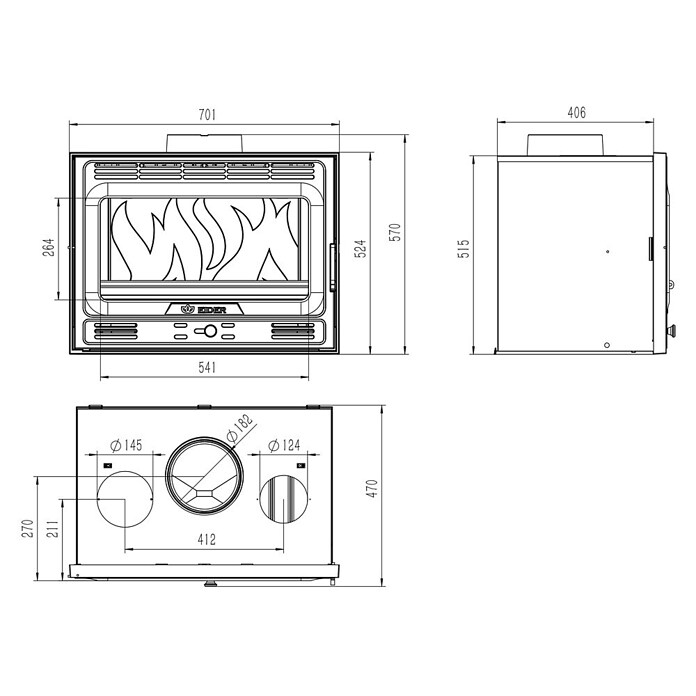 Insert Tracia (L x An x Al: 47 x 70 x 57 cm, 9,3 kW, 230 m³, Antracita) | BAUHAUS