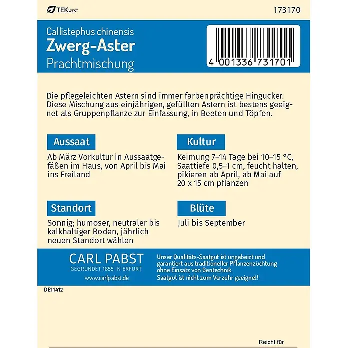 Pabst Keimkraft Zwerg - Aster Prachtmischung -  - Blau-beiges Samenpäckchen für Zwerg-Astern 'Prachtmischung' mit Pflanzanleitung und Barcode.