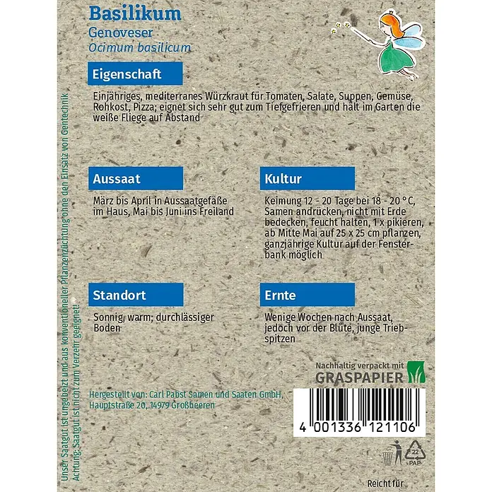 Grüne Fee Kräutersamen Basilikum - Ocimum basilicum, Saatzeit: März, Erntezeit: Juni - Samenpackung aus Graspapier für Genoveser Basilikum mit Pflanzanleitung.