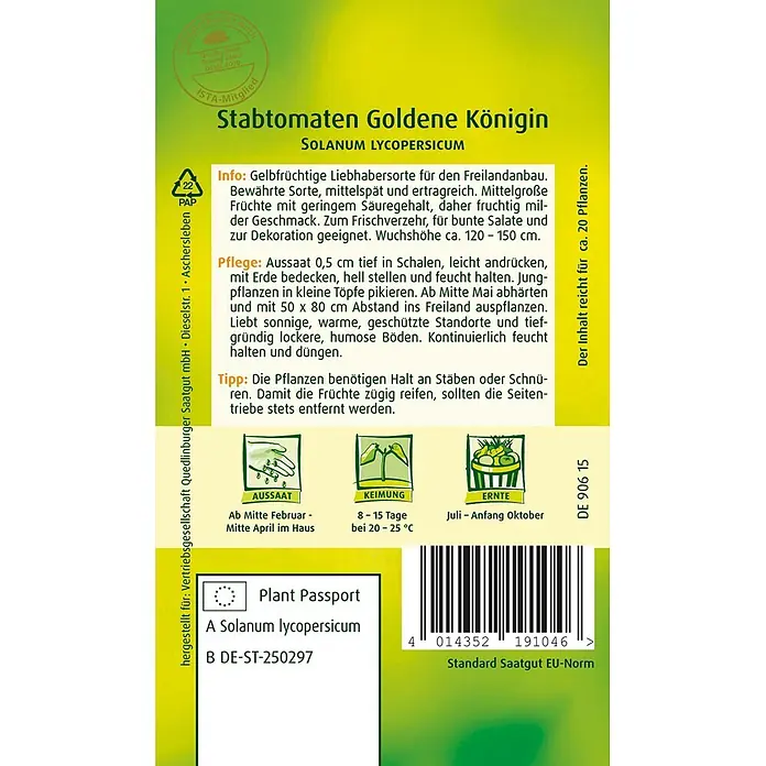 Quedlinburger SAATGUT Stabtomaten Goldene Königin -  - Samenpäckchen für 'Stabtomaten Goldene Königin' (Solanum lycopersicum) mit ausführlichen Anbauinformationen und Pflanzenpass.