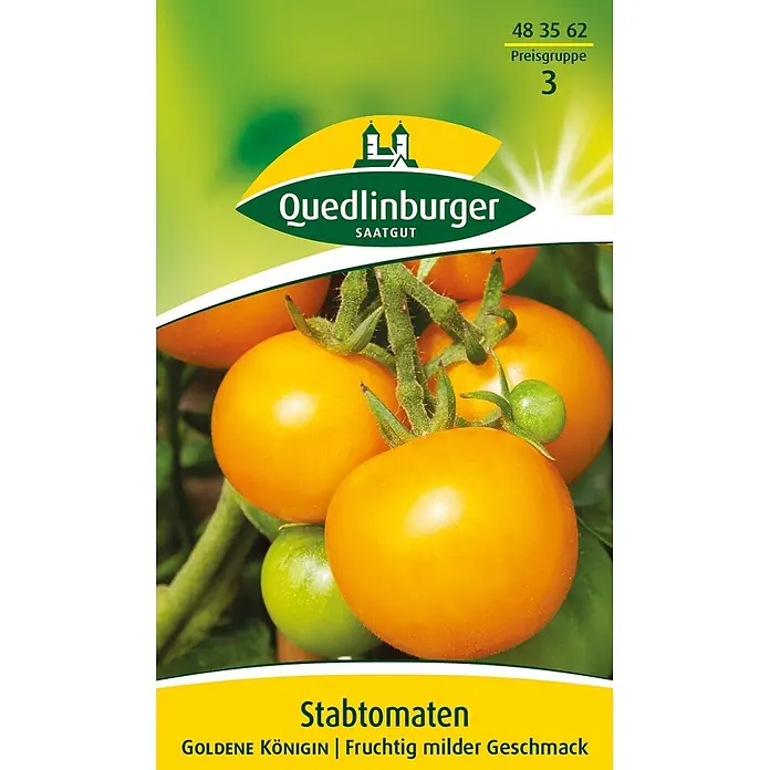 Quedlinburger SAATGUT Stabtomaten Goldene Königin -  - Samenpackung für gelbe Stabtomaten 'Goldene Königin', bekannt für ihren milden, fruchtigen Geschmack.