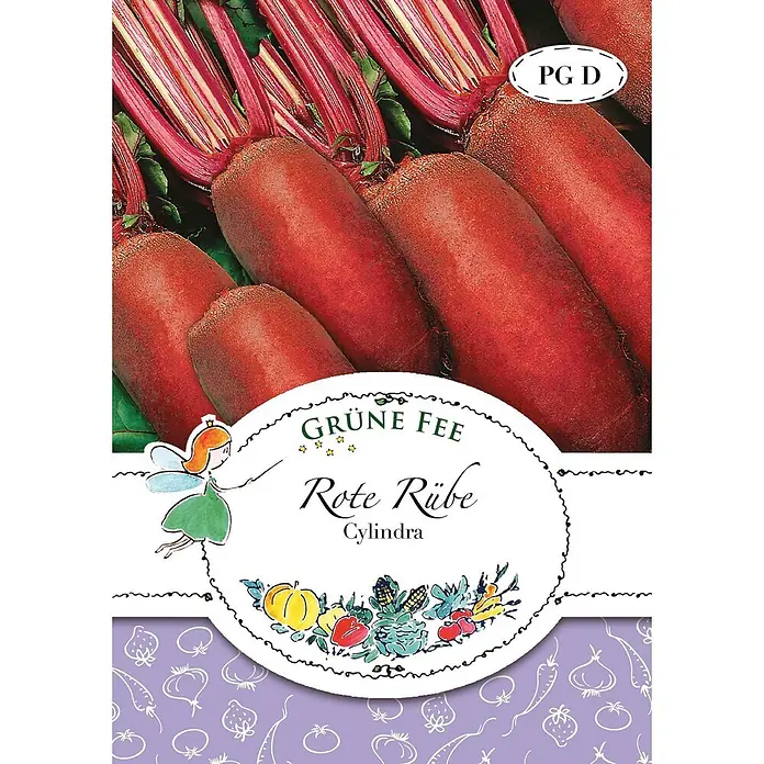 Grüne Fee Rote Rübe Cylindra -  - Saatguttüte für 'Rote Rübe Cylindra', zeigt leuchtend rote, zylindrische Rote Bete mit Blättern.