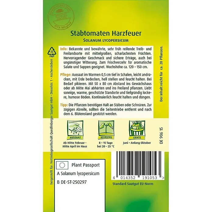 Quedlinburger SAATGUT Stabtomaten Harzfeuer -  - Samentüte für 'Harzfeuer' Stabtomaten mit Pflanzinformationen, Illustrationen und Barcode.