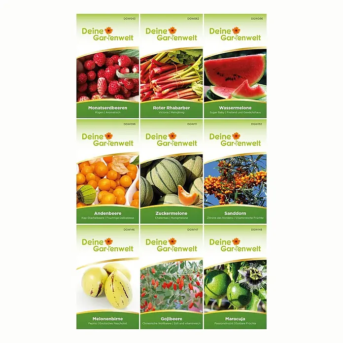 Deine Gartenwelt Obstsamen Set - Mischung, Erntezeit: Sortenabhängig - Ein Raster von neun 'Deine Gartenwelt' Pflanzenetiketten, jedes mit verschiedenen Früchten oder Gemüsesorten wie Erdbeeren, Rhabarber, Wassermelone und Maracuja.