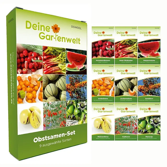 Deine Gartenwelt Obstsamen Set - Mischung, Erntezeit: Sortenabhängig - Grüne Box mit "Deine Gartenwelt" Logo, Fruchtbildern und "Obstsamen-Set, 9 ausgewählte Sorten". Einzelne Samenpäckchen rechts.