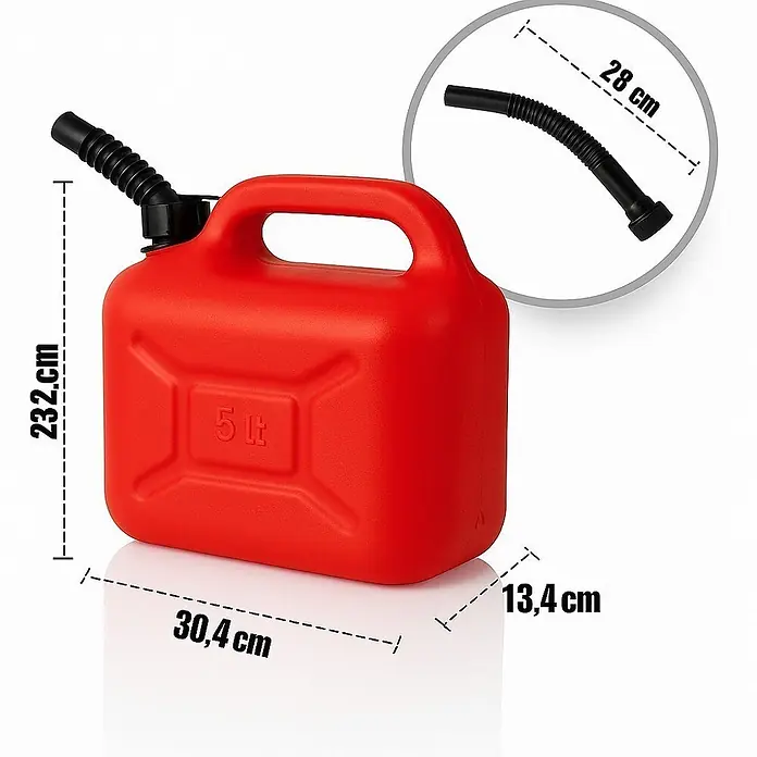 Plastard Benzinkanister für Rasenmäher 2er-Set (2 x 5 Liter) – UN-Zulassung für Benzin, Diesel, AdBlue & Wasser - 5 l, Kunststoff - Roter 5-Liter-Kunststoff-Kraftstoffkanister mit schwarzem flexiblem Ausgießer, Maße angegeben.