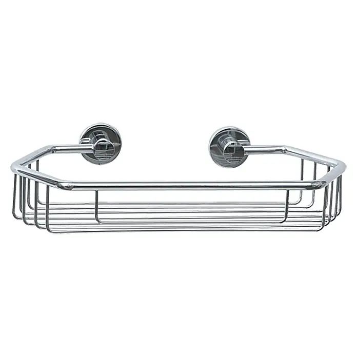 Tesa Cesta de baño DK140 - 13,5 x 27,5 x 6,5 cm, Latón, Cromo - Una cesta de ducha rectangular de alambre cromado con dos soportes de pared redondos, perfecta para guardar elementos esenciales.