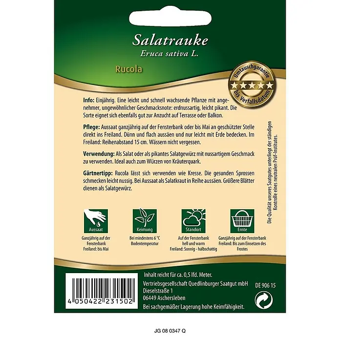 Quedlinburger SAATGUT Salatsamen Rauke - Brassica juncea, Erntezeit: Ganzjährig, 1,5 g - Grüne und beige Salatrauke/Rucola-Samenpackung mit Anbauinfos und Barcode.