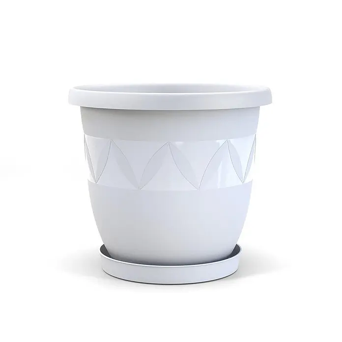 Plastard Pflanztopf Ø 30 cm mit Untersetzer rund – Weiß – Pflanzkübel - 1 Stk., Außenmaß (Ø x H): 30 x 25 cm, Kunststoff, Weiß - Weißer Kunststoff-Blumentopf mit dekorativem geometrischem Musterband und passendem Untersetzer.