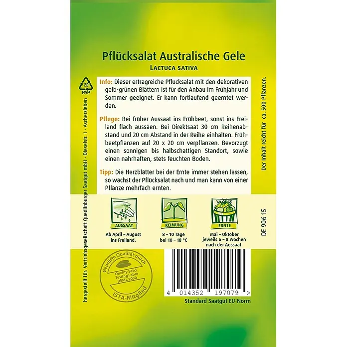 Quedlinburger SAATGUT Salatsamen Pflücksalat - Lactuca sativa, Erntezeit: April, 4 g - Deutsches Saatguttütchen für 'Pflücksalat Australische Gele' mit Anbauanleitung, Gütesiegeln und Barcode.