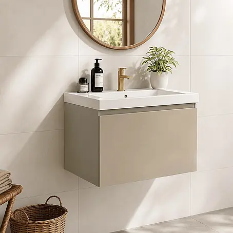 LOMAZOO Badezimmermöbel Greige 60cm - Weißes Waschbecken - Beige-graues Waschbeckenmöbel - Schwebender Waschbeckenunterschrank [MODENA]