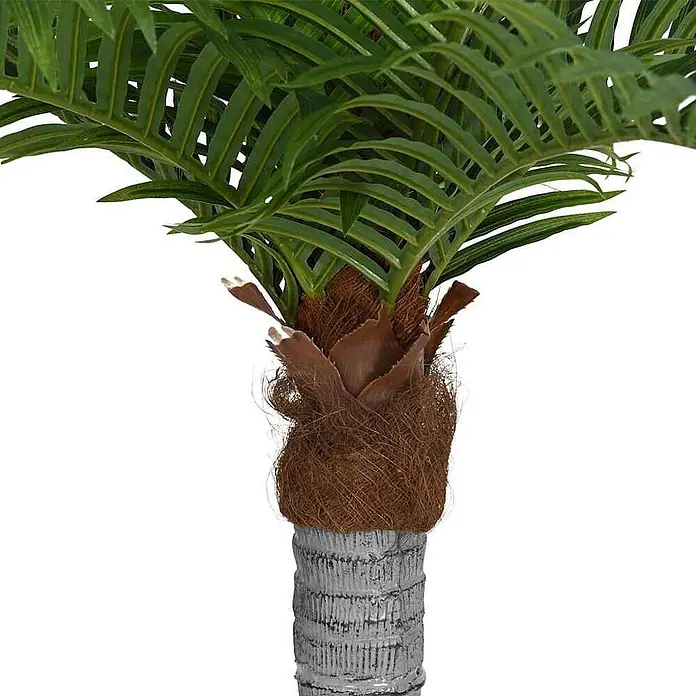 vidaXL künstliche Palme Grün 25 x 25 x 200 cm Polyethylen -  - Nahaufnahme einer künstlichen Palme mit grünen Blättern, faserigem braunem Stammansatz und grau strukturiertem Stamm.