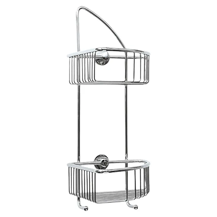 Tesa Cesta de baño angular DK210 - 18 x 20,5 x 42,5 cm, Cromo - Imagen de una estantería de ducha cromada de dos niveles. Proporciona un almacenamiento práctico con un diseño moderno y minimalista.