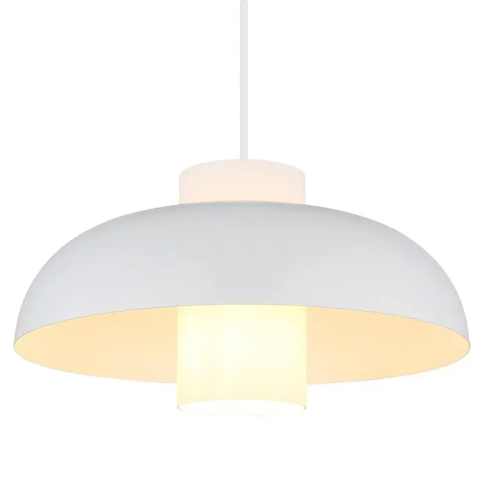 Globo Pendelleuchte Lowe - Ø x H: 38 x 120 cm, E27 - Weiße Metall-Pendelleuchte mit warmem Licht aus innerem Diffusor, an Decke hängend.
