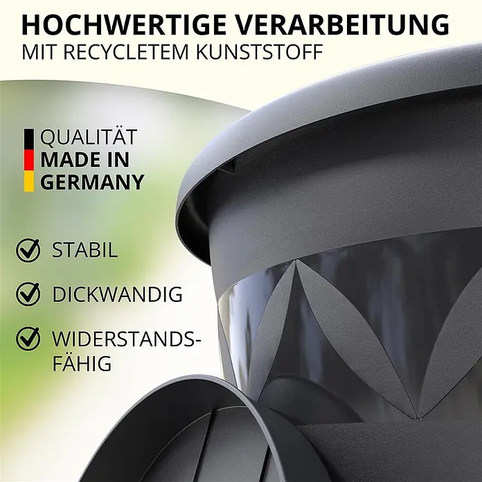 Plastard Pflanztopf 3er Set Ø30 cm mit Untersetzer Anthrazit – Pflanzkübel - 3 Stk., Außenmaß (Ø x H): 30 x 25 cm, Kunststoff, Anthrazit - Dunkelgrauer Pflanztopf aus recyceltem Kunststoff, dickwandig und widerstandsfähig, mit geometrischem Muster.