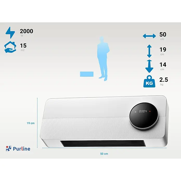 Purline Calefactor cerámico Split Hoti M60N - 2.000 W, Blanco, An x Pr x Al: 50 x 14 x 19 cm - Calefactor eléctrico blanco con panel frontal acanalado y pantalla digital redonda negra.