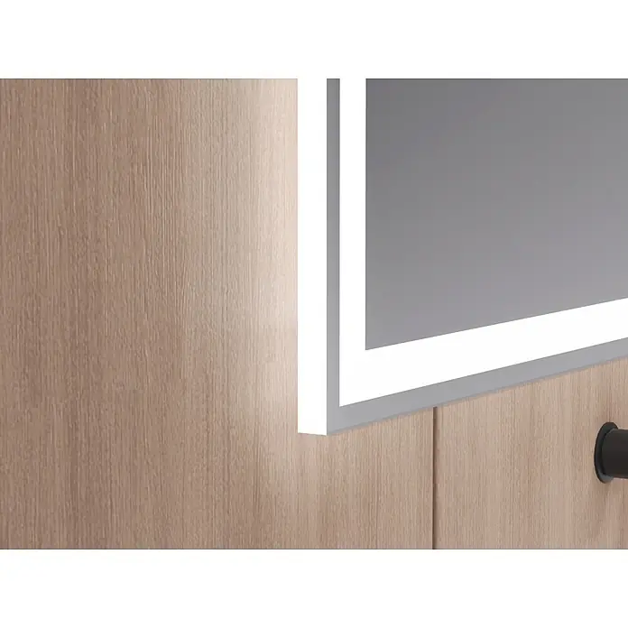 Espejo con luz Elite - 80 x 80 cm, Blanco frío, Cuadrado, Función antivaho - Primer plano de un espejo rectangular con iluminación LED blanca integrada, montado en un panel de madera clara.
